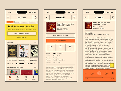 Litverse | Mobile App Design 🔥 app application audio audiobook book design ebook home ios mobile neubrutalism online player retro screen service suarasa ui unique