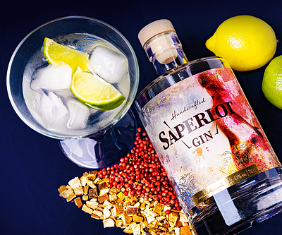 Saperlot Gin packaging design and photography branding graphic design logo packaging design product photography promo photography