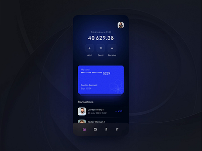 Digital Wallet App UI Concept Animation animation banking card design dark theme digital waller figma fintech interaction microanimation mobile mobile app mobile design online bank prototype prototyping transactions ui ui design ux wallet app