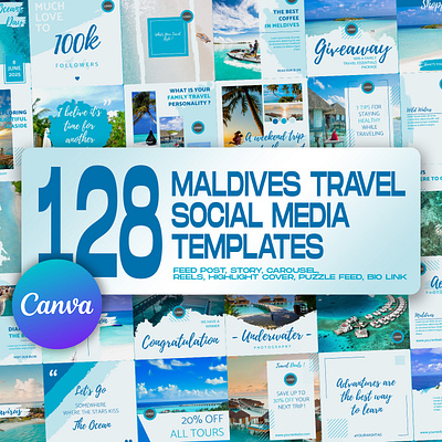 128 Maldives Travel Social Media Templates canva template graphic design instagram feed instagram post instagram post template instagram stories template instagram template maldives social media ads social media banner social media pack social media templates tourism travel