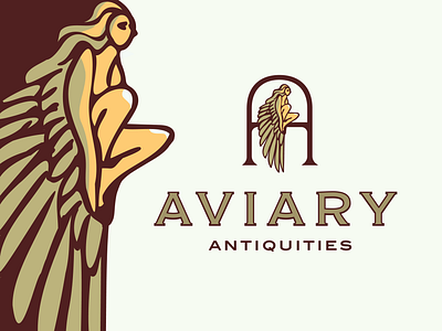 Aviary Antiquities Logo angel art deco beauty bird branding drawing feminine font design graphic design hair illustration letter a lettering natural nature skin typography vintage wings woman