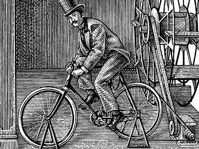 Climate control equipment bicycle black and white engraving gentleman illustration scratchboard woodcut