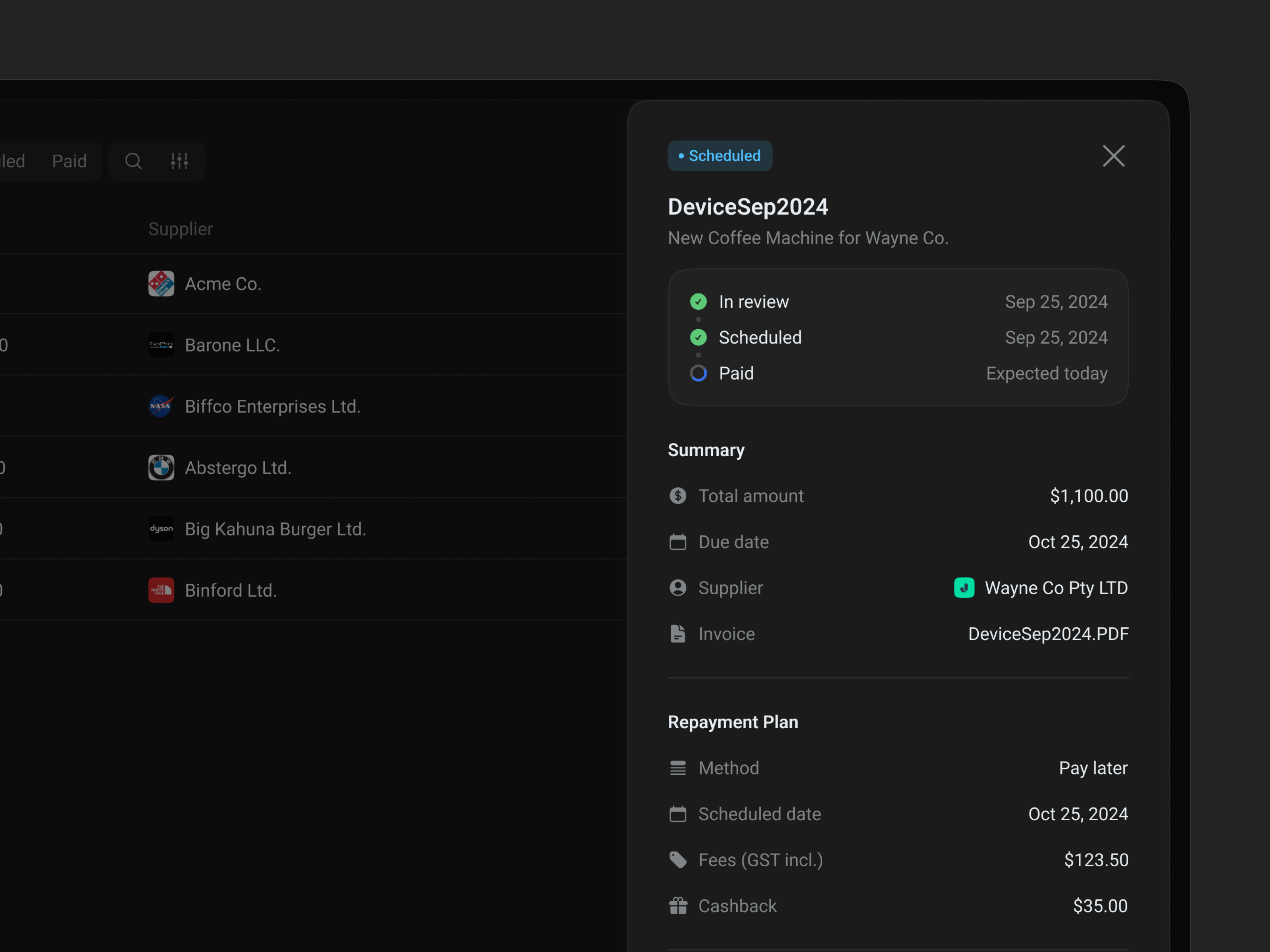 Example of Invoice Side Panel
