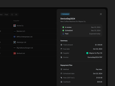 Invoice Side Panel app clean dark design invoice minimal saas ui ux