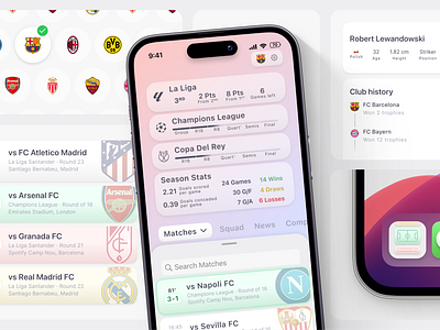 Case study: football data app app arsenal bento branding button component data design fcbarcelona football manunited minimal mobile app product design realmadrid score shadow simple statistics ui