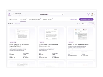 R&D Patent Research Powered by AI ai artificial intelligence dashboard documents enterprise minimal patent product design rd research saas science software ui ux web app