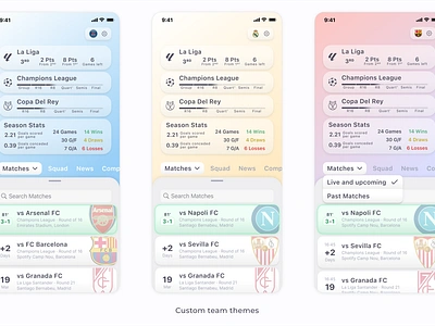 Football data app team customization arsenal champions league clean clean ui data fcbarcelona football interaction match mobile app product design psg real madrid shadow skeuomorphism soccer statistics team ui ux