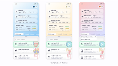 Football data app team customization arsenal champions league clean clean ui data fcbarcelona football interaction match mobile app product design psg real madrid shadow skeuomorphism soccer statistics team ui ux