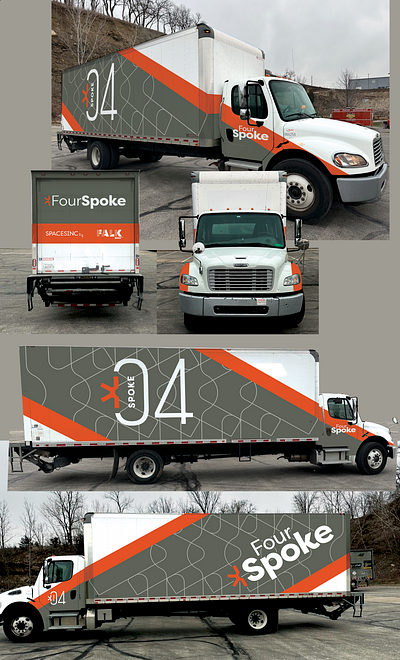 04 Spoke / Spaces Inc. brand design branding design graphic design gray grey mockup orange truck wrap vector wrap design