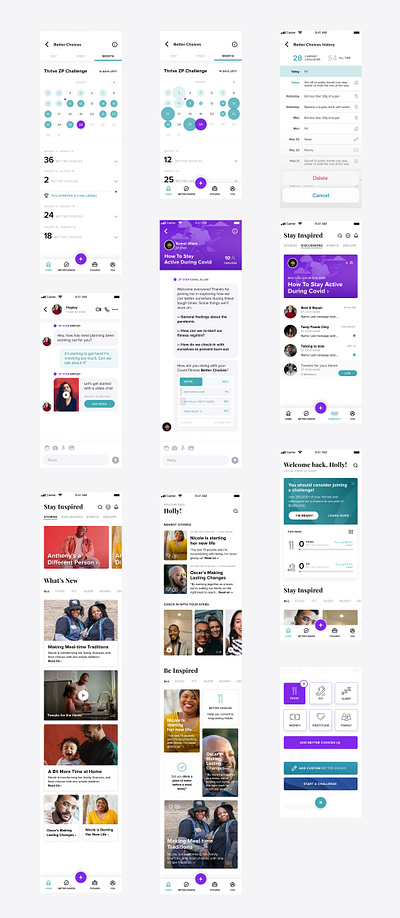 Thrive Global — Wellness App animation app calendar challenge chat dashboard discover feed history ios messaging mobile progress ux widget