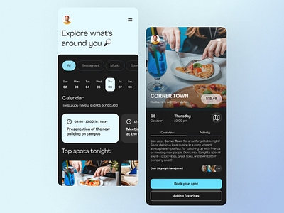 Explore What's Around You 🔎 app appdesign calendar dribbble eventapp events mobiledesign nearby restaurant ui uidesign ux