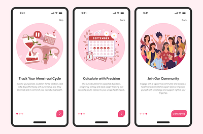 Periods Tracker App Onboarding appdesign cyclehealth cycletracking cycletrackingapp designdaily digitalhealth femtech graphic design healthapp healthappdesign menstrualapp menstrualhealth mobileapp mobileui onboardingscreens periodtracker periodtrackerapp uiux uxdesign womenhealth