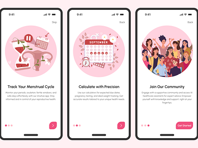 Periods Tracker App Onboarding appdesign cyclehealth cycletracking cycletrackingapp designdaily digitalhealth femtech graphic design healthapp healthappdesign menstrualapp menstrualhealth mobileapp mobileui onboardingscreens periodtracker periodtrackerapp uiux uxdesign womenhealth