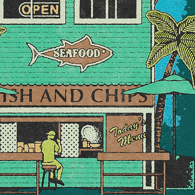 Getting Relax At Catalina Island 3d animation branding catalina drawing fishandchips freelance graphic design holiday illustrator island logo motion graphics procreate retro seafood test texture truegrittexture vintage