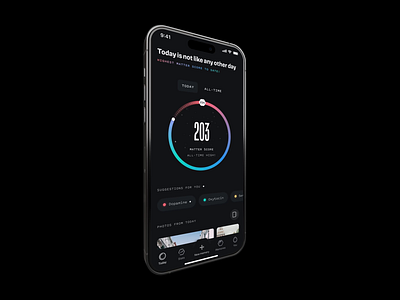 Matter iOS App — Best Day Celebration animation bar celebration completion dark ui dashboard data data visualization gamification gradient ios mobile motion graphics neon progress science swift ui ux widget