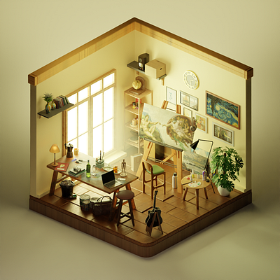 artsy isometric room made in blender 3d blender