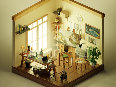 artsy isometric room made in blender 3d blender