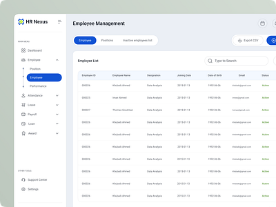 Employee List- HR Management Dashboard clean design cleanui dashboard dashboarddesign design exploration employee list hr dashboard hr management interactiondesign interfacedesign minimaldesign productdesign responsive ui userexperience uxui design web design