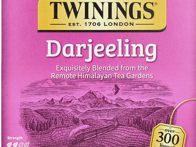 Twinings Darjeeling Tea Label rendered by Steven Noble artwork branding design drawing engraving etching illustration landscape line art scratchboard steven noble twinings tea vintage art woodcut