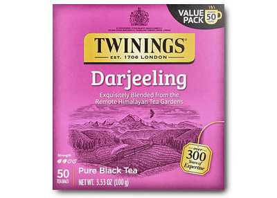 Twinings Darjeeling Tea Label rendered by Steven Noble artwork branding design drawing engraving etching illustration landscape line art scratchboard steven noble twinings tea vintage art woodcut