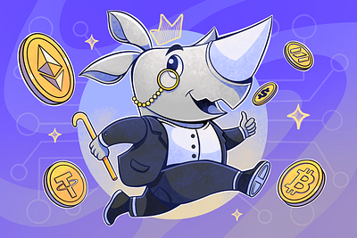 Rhinos - NFT Mascot Character bitcoin character design design character ethereum flat illustration illustration king mascot nft procreate rhino rich run solana success tether tuxedo