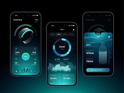 Smart Ring app dark ui gradient health iot mobile app nutrition sleep smart device smart ring ui ux water