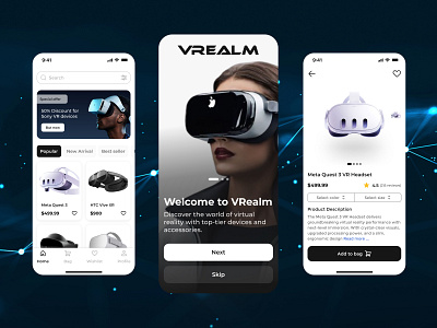 VRealm - Virtual Reality Devices E-commerce App app app design devices e commerce figma homepage mobile app design mobile design mockup onboarding page product page ui user experience user interface ux uxui design virtual reality vr web design