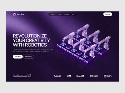 Robotics Landing Page Design ai machine learning animation branding grain background grainient layout landing page modern layout motion graphics robotics robotics landing page ui uiux userinterface webdesign