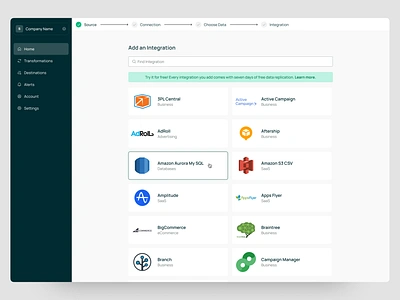 Data Transfer: Add Integration Source api api source app aurora aws code corporate dashboard data desktop interaction migration product design saas saas app software ui ux web web app