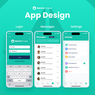 MentorCruise Login, Message and Setting Screens Designs app app design design figma ui uiux design