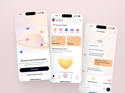 Mindfulme - AI-Driven Mental Health App chatbot clean design mental health mental health ai mental health app minimalist mobile app mood ui ui design ux