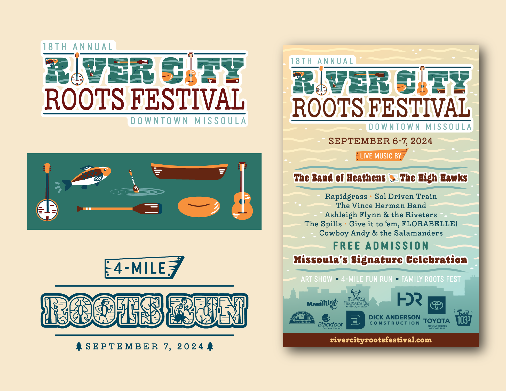 River City Roots Festival 2024 Branding banjo boat branding design fishing forest graphic design illustration montana music nature poster river vector water wild