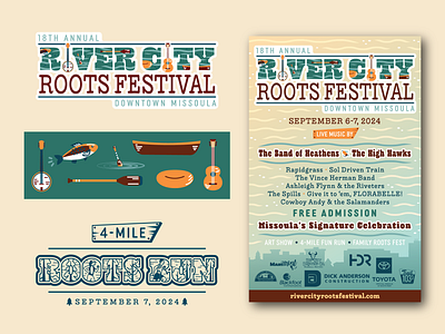 River City Roots Festival 2024 Branding banjo boat branding design fishing forest graphic design illustration montana music nature poster river vector water wild