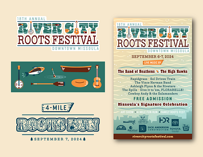 River City Roots Festival 2024 Branding banjo boat branding design fishing forest graphic design illustration montana music nature poster river vector water wild