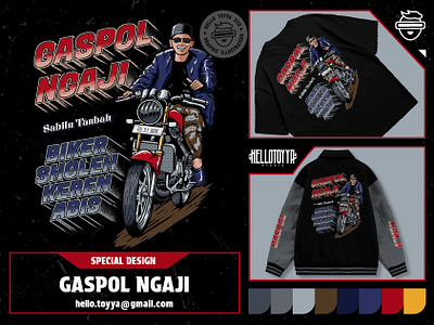 (DESIGN FOR SALE) Muslim Rider, Gaspol Ngaji, T-shirt Design artwork for sale automotive branding clothing design enjoy riding graphic design illustration islamic design merchandise design moto cb motocycle muslim rider poster design rider rx king sticker design streetwear tshirt design yamaha ninja