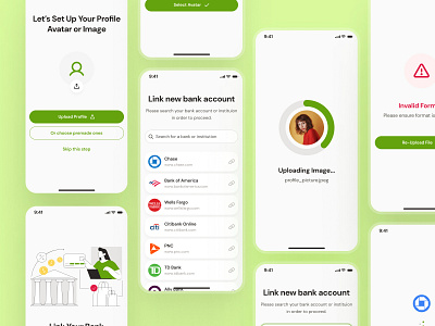 finpal: AI Finance Assistant App - Profile & Bank Account Setup account setup account ui avatar ui bank account ui clean finance onboarding finance ui kit green link bank account minimal onboarding onboarding ui profile setup profile ui simple upload avatar upload image upload profile upload ui user onbaording