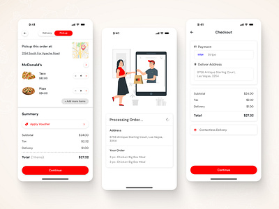 Food Delivery Checkout Flow cart page checkout flow checkout page delivery delivery app figma design food app food delivery app mobile app payment pickup processing order save address page search address page uiux