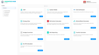 GreenTech Hub biofuel dashboard energy shipping tech hub ui ux