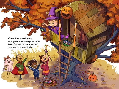 Trick or Treat at the Magic Treehouse art cartoon childrens book colorful cute digital art disney drawing fanart fantasy flat helloween illustration illustrator kidlit kids pencil color picturebook storybook whimsical