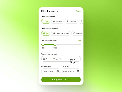 finpal: AI Finance Assistant App - Filter Transactions UIUX ai finance app ai finance assistant ai finance companion clean filter filter component filter input filter transaction filter transactions filter ui finance finance app finance filter finance ui gradient green minimal modern soft transaction filter