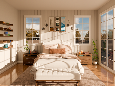 Woody Snow Bedroom 3d archviz bedroom blender cycles design furniture interior noai render residential room sunset warm white