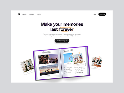 ✨ New Project: Digital Scrapbook Landing Page ✨ above the fold camera design illustration landing page light mode photos product design scrapbook ui user interface design