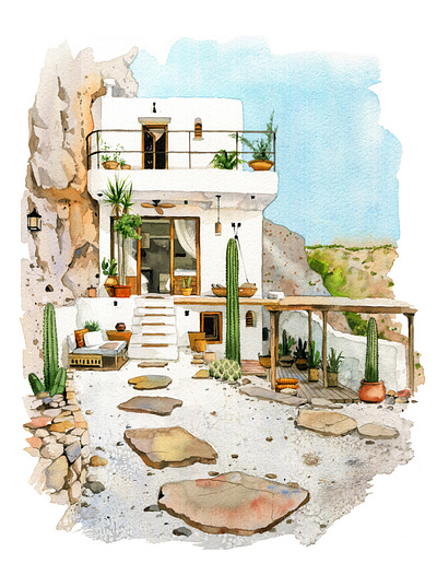 House with cacti aquarelle art cacti cottage design exterior house illustration nature villa watercolor watercolor illustration watercolour watercolour cottage watercolour exterior watercolour house watercolour illustration