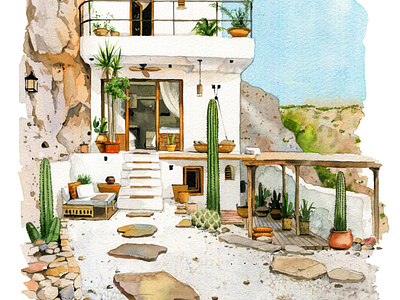 House with cacti aquarelle art cacti cottage design exterior house illustration nature villa watercolor watercolor illustration watercolour watercolour cottage watercolour exterior watercolour house watercolour illustration