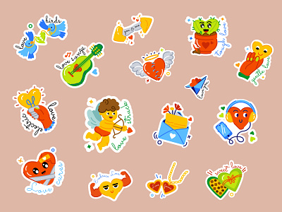 Love Stickers cartoon celebration chocolate colorful couple cute emotion feeling flat design flat stickers gift heart love music romance sticker valentine valentines day vector wedding