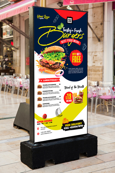 Burger Rollup Standee Banner Template burger menu display burger roll up standee template burger shop display template burger specials roll up casual dining advertising customizable burger standee delicious burger standee drive thru promotion banner eye catching food banner fast food banner design food advertising template food festival standee template grilled burgers standee portable food display template promotional roll up banner restaurant roll up banner takeout banner design tasty burger promotion vibrant fast food display