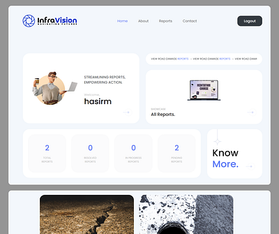 InfraVision - Road Damage Report branding css graphic design gridx hasir html logo minimal modern road damage monitoring road damge report showcase stylish template ui ui design uiux web design web development website ui