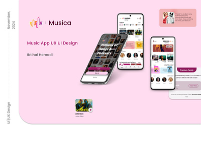 Music App UX/UI Design app creative design ibtihal homadi music pink purple ui ux uxui