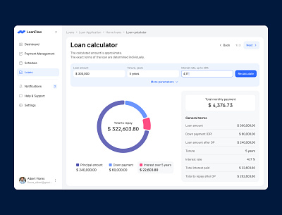 Fintech App - Loan Calculator breadcrumbs crm desktop app donut fields finances fintech graph legend loan payments sidebar table ui ux web app widgets