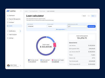 Fintech App - Loan Calculator breadcrumbs crm desktop app donut fields finances fintech graph legend loan payments sidebar table ui ux web app widgets